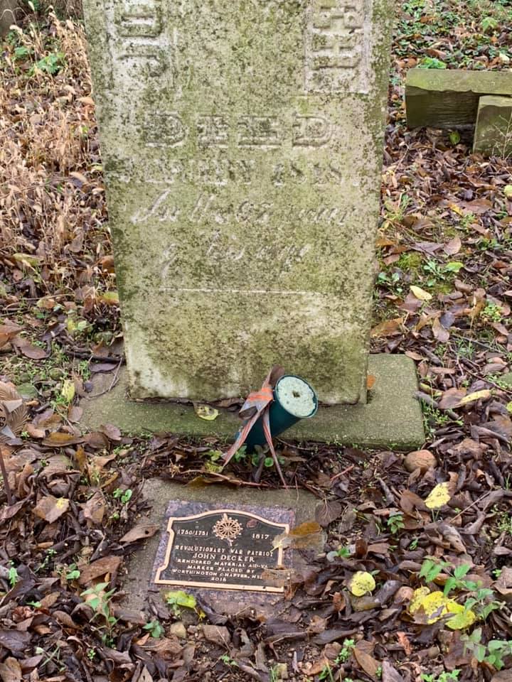 Gravestone and historical marker for John Decker at Decker Cemetery in Lockbourne, Ohio